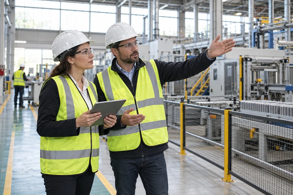 An analyst and an engineer review a production site wearing protective equipment.