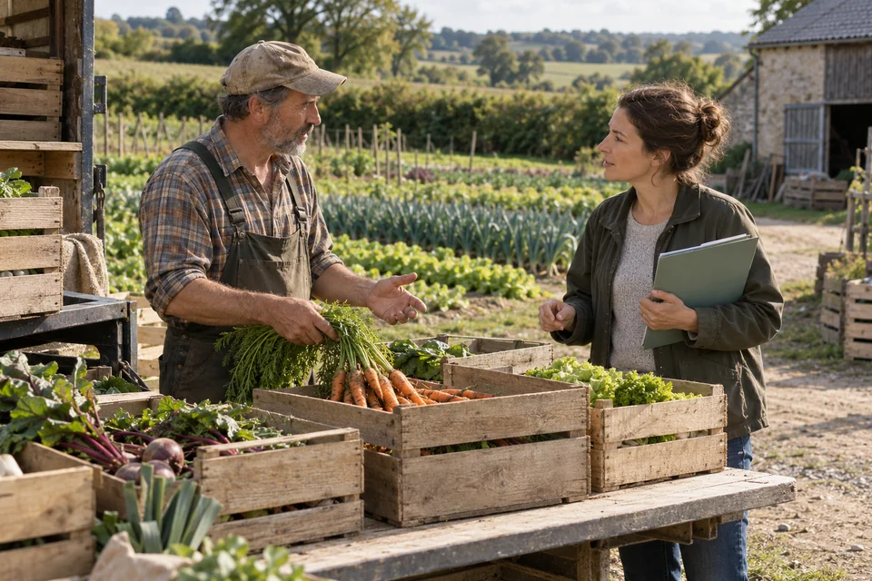 Une productrice et une représentante de coopérative discutent près de cultures maraîchères.
