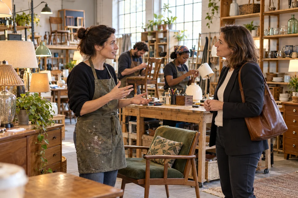 Deux professionnelles évaluent l’activité d’un atelier de réemploi.