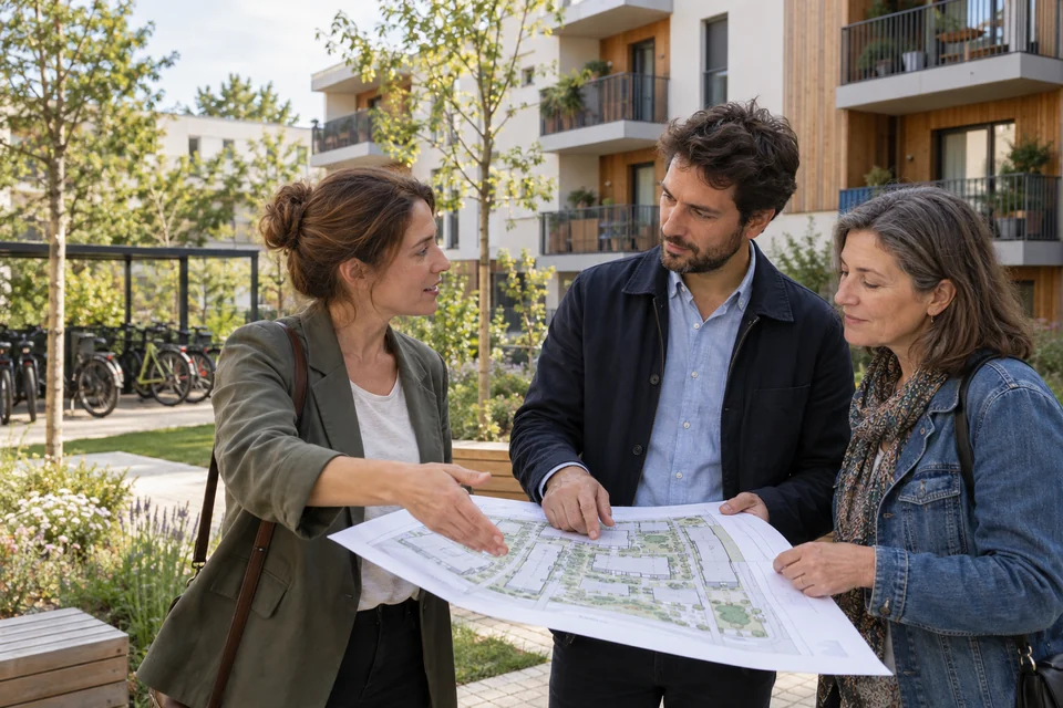 Un groupe d’habitants et d’intervenants échange dans les espaces communs d’un ensemble de logements.