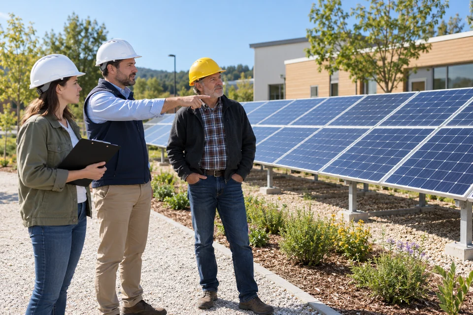 Des professionnels observent des panneaux photovoltaïques installés au sol près d’un bâtiment collectif.