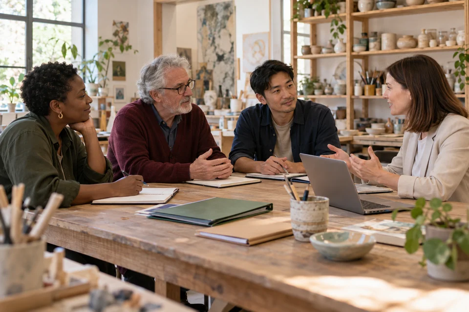 Des membres d’une association culturelle présentent leurs documents à une conseillère dans un atelier.