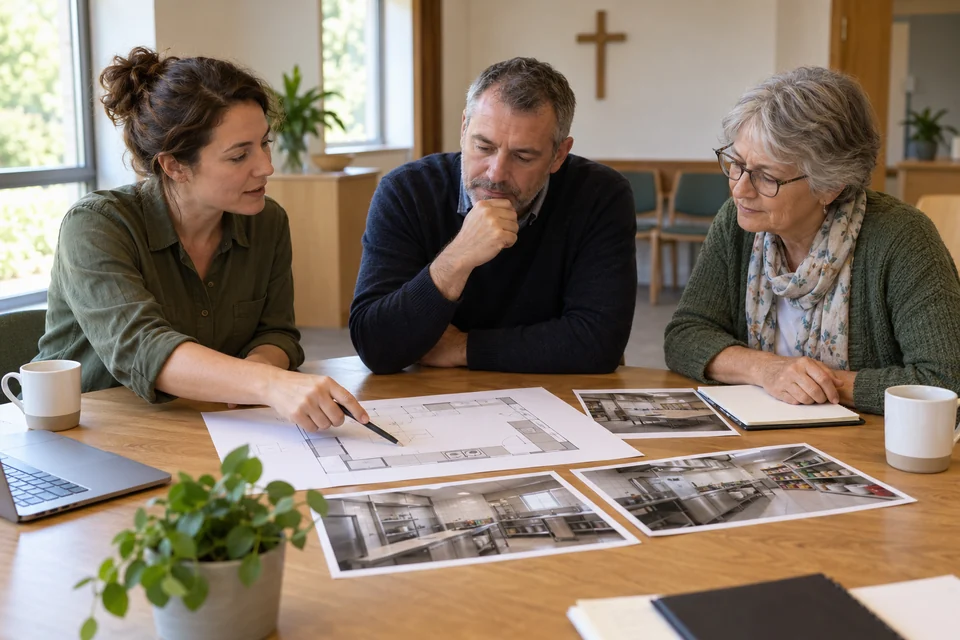 Members of a parish committee discuss plans for a shared kitchen.