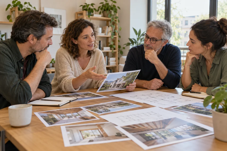 Four adults discuss plans and photographs for a community project.