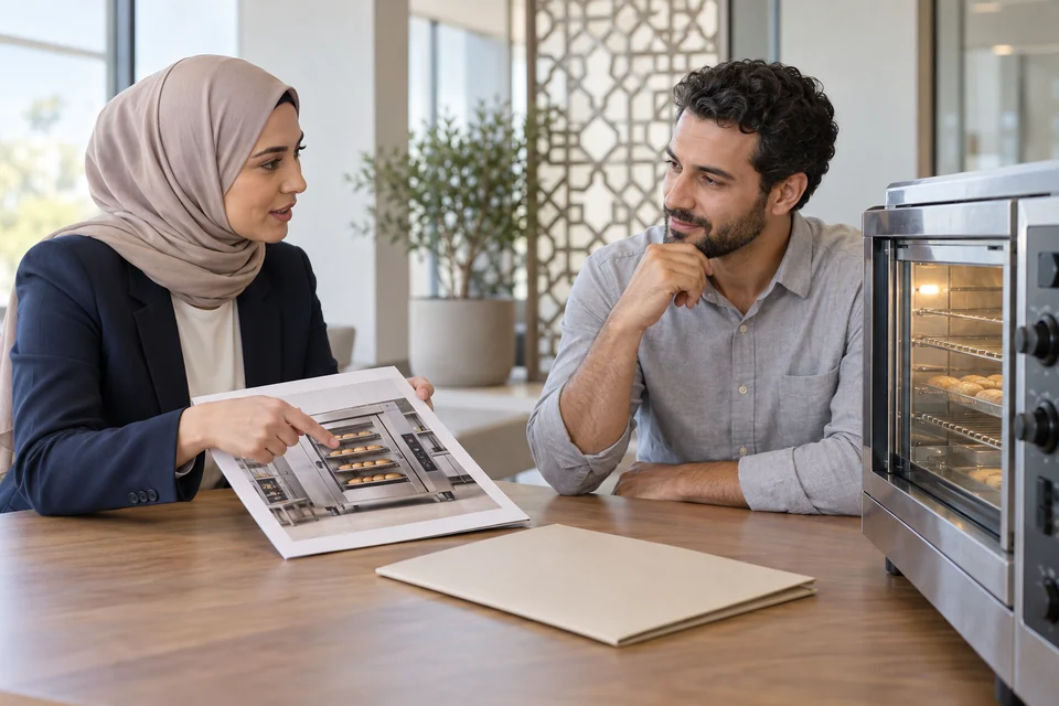 A finance adviser and a business owner discuss equipment for a bakery.