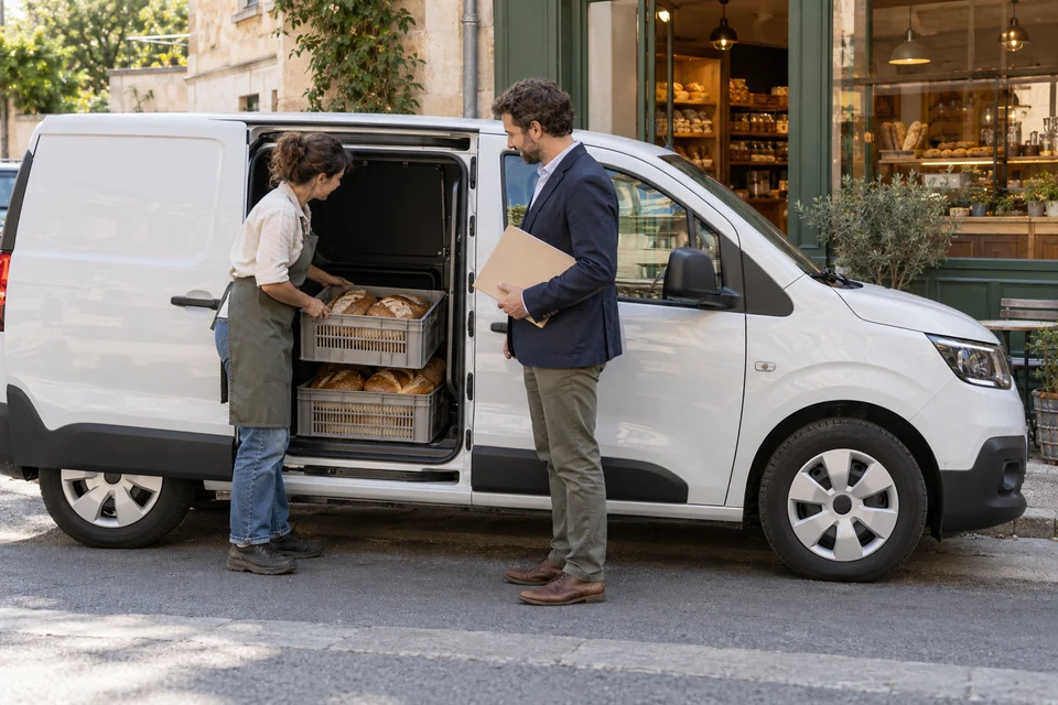 A bakery owner examines a delivery van with a finance adviser.