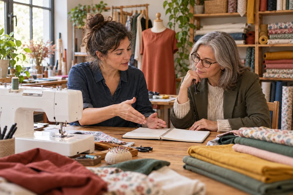 A seamstress works through an equipment proposal with a supportive adviser.
