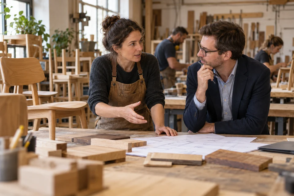 A workshop owner discusses equipment plans with a finance adviser.