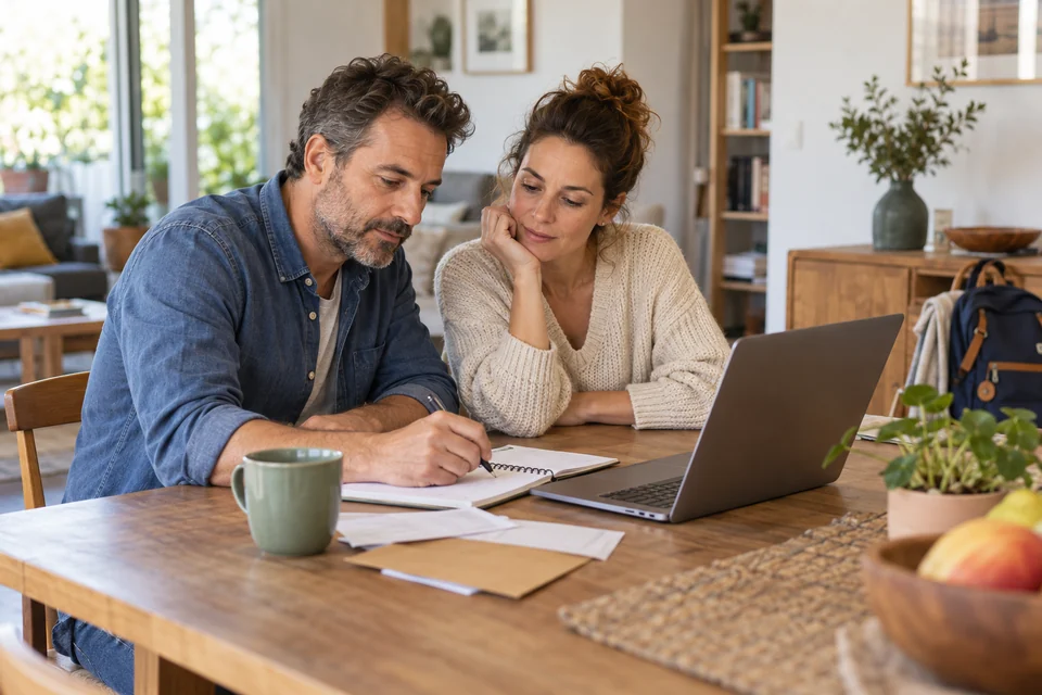 A couple reviews the documents and expected expenses of a household project.