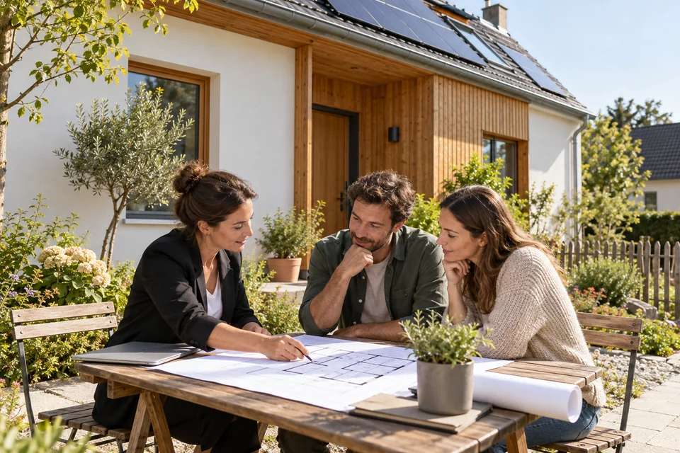 A couple and an adviser study a house plan outdoors near a renovated home.